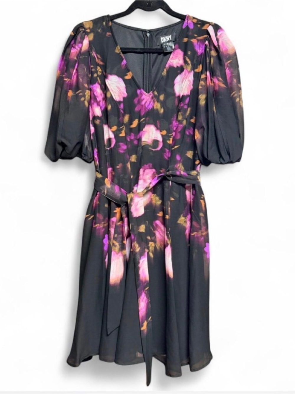 DKNY Black Mini Dress with Pink & Gold Floral Print